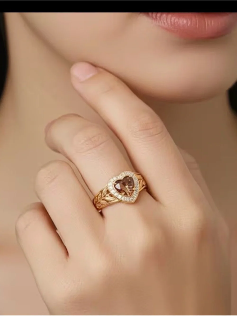 Gold Heart Ring with Brown Center Stone and Clear Accent Stones